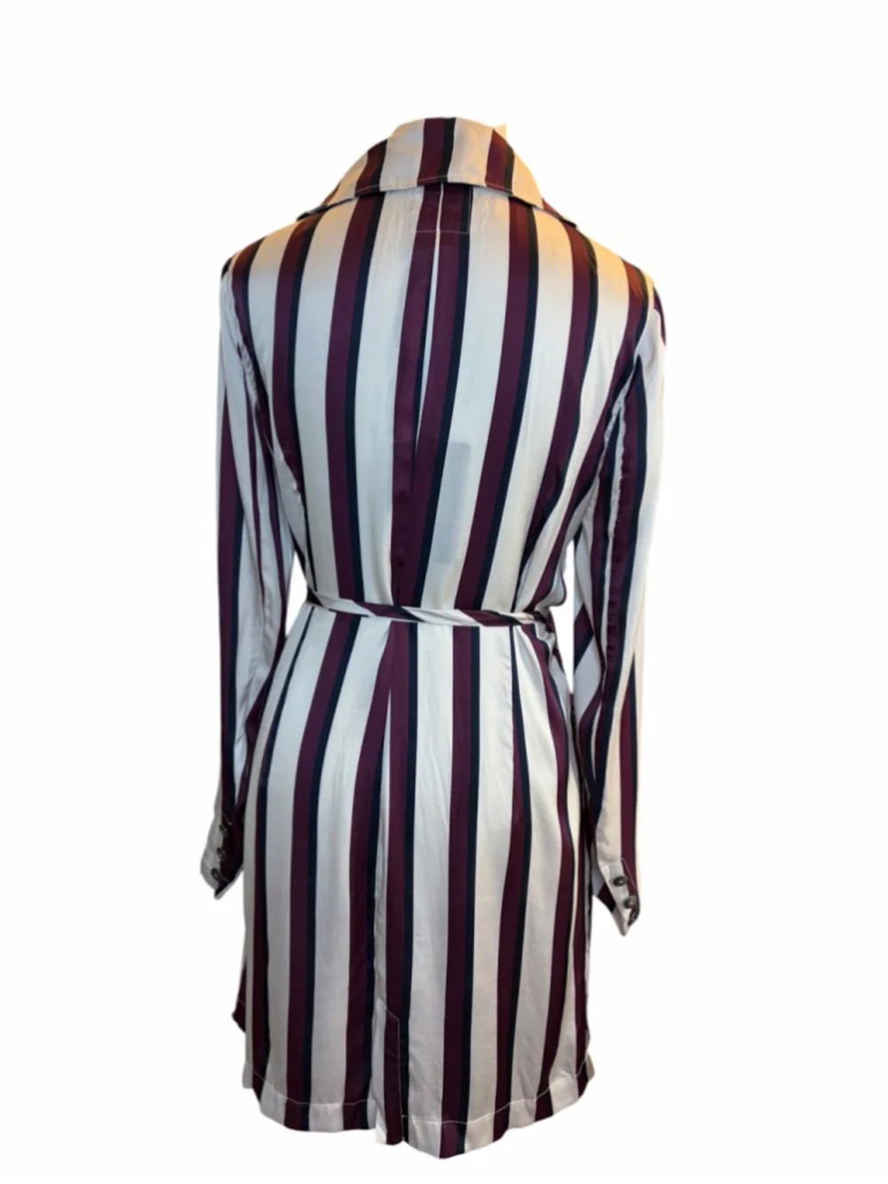 Chaser Striped Wrap Shirt Dress Ivory Burgundy Long Sleeve Tie Waist NWT Small - Picture 4 of 6